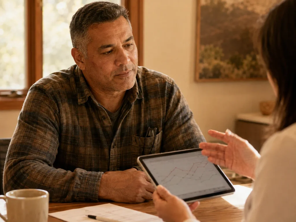 Provider reviewing a GLP-1 weight loss plan shaped by metabolic testing results with a male patient at Evexia