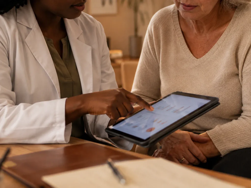 Provider and patient reviewing shockwave therapy for plantar fasciitis research data on a tablet togetherf