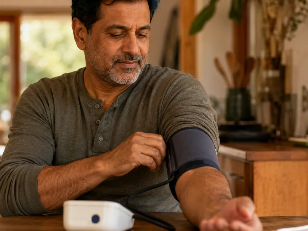 Middle-aged man checking blood pressure at home, a common qualifying condition for GLP-1 weight loss medication
