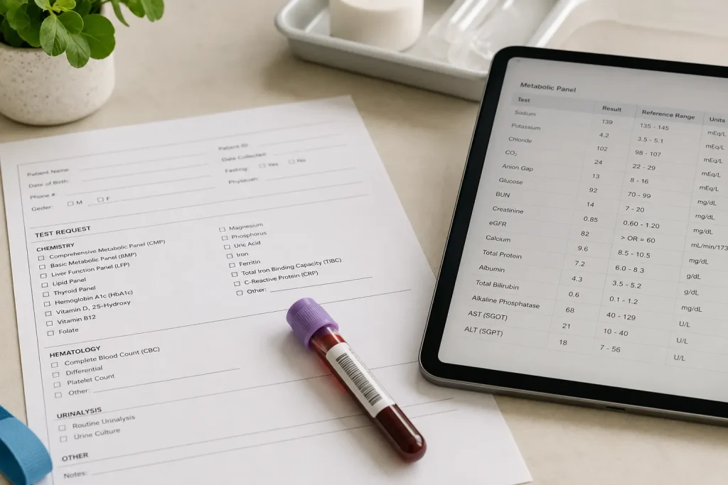 Metabolic health clinic lab panel and blood test vial used for root-cause testing