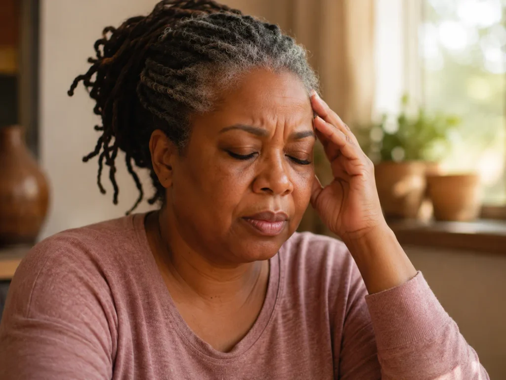 Woman in her 50s pressing hand to temple with eyes closed, showing brain fog and mood-related hormone imbalance symptoms