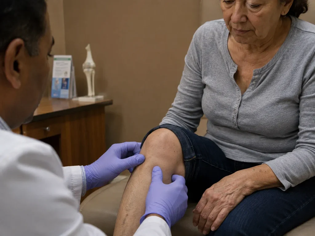 Provider examining a patient's knee joint during a root-cause evaluation for regenerative medicine for joint pain