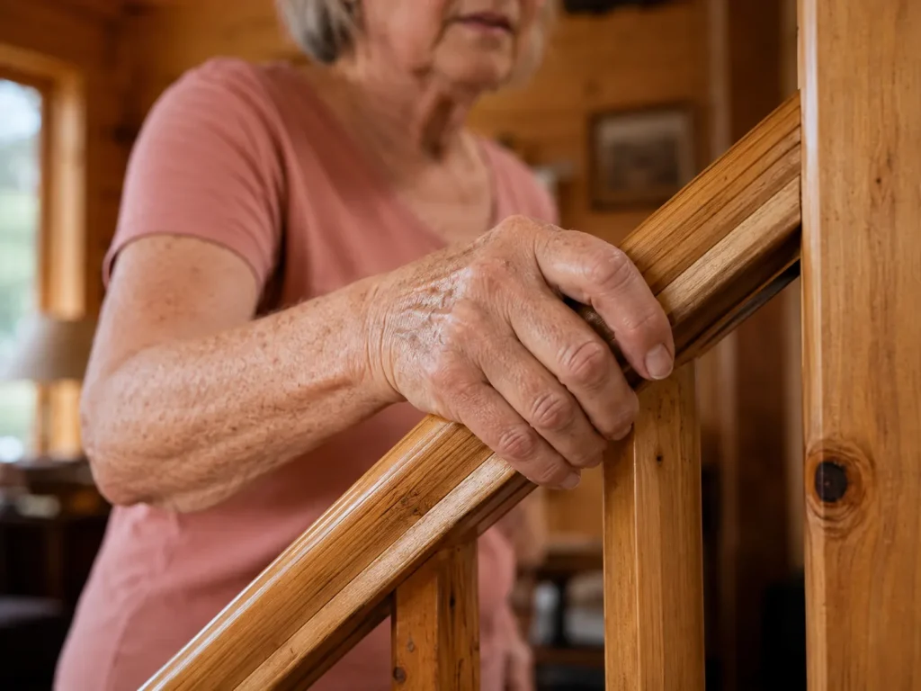 Close-up of an older woman's hand gripping a stair railing, illustrating daily pain from tendonitis that shockwave therapy for tendonitis can address.