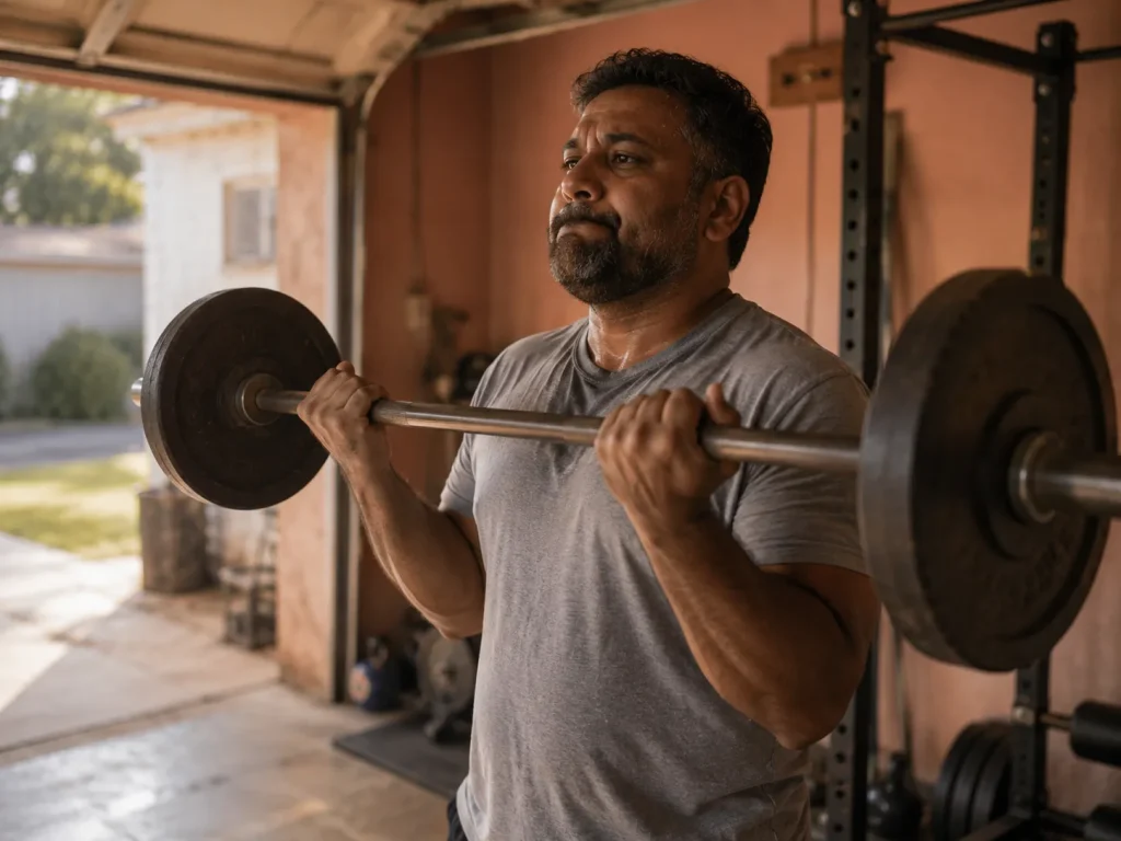 Man doing resistance training in a garage gym as a lifestyle-based low testosterone treatment option.