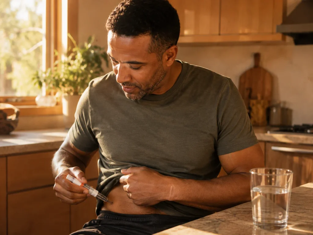Man preparing a once-weekly GLP-1 injection at home, a routine shared by both semaglutide and tirzepatide
