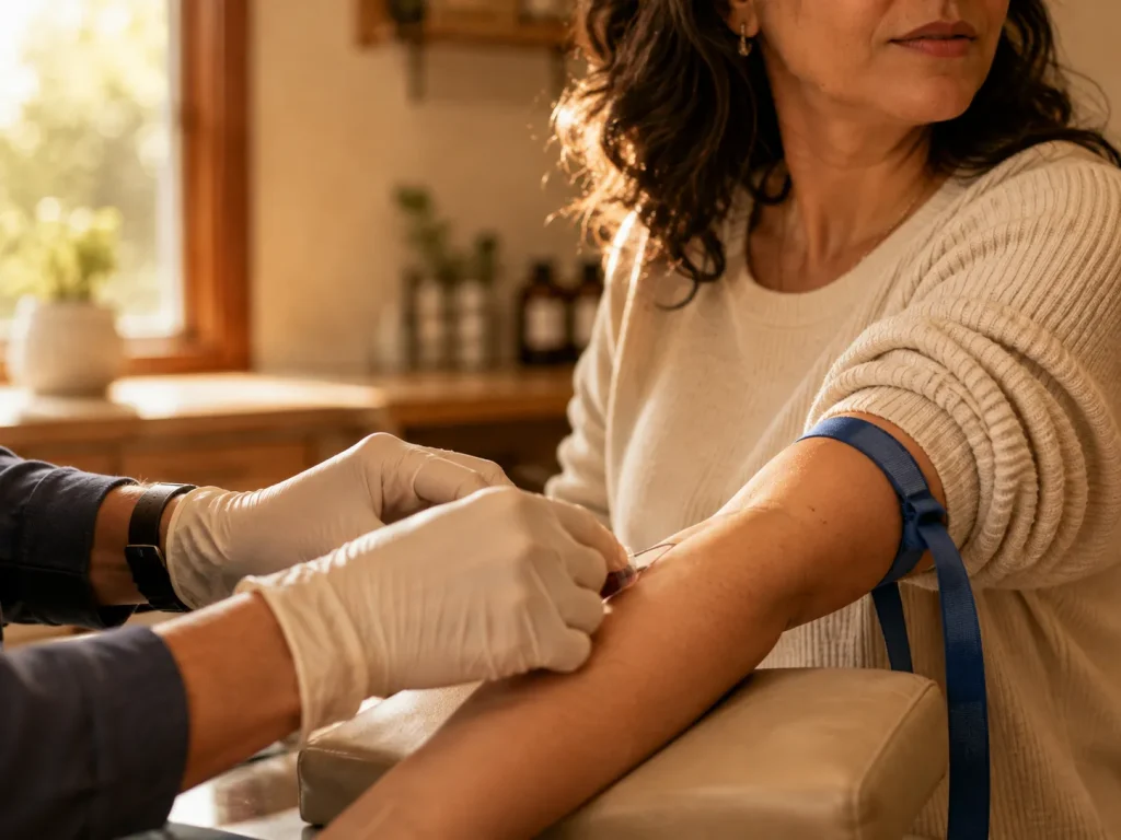 Lab technician collecting bloodwork from a patient as part of the GLP-1 weight loss medication qualification process