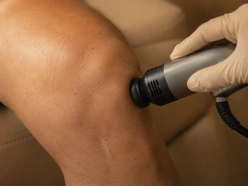 Close-up of StemWave therapy applicator against a patient's knee, illustrating acoustic wave treatment for chronic joint pain