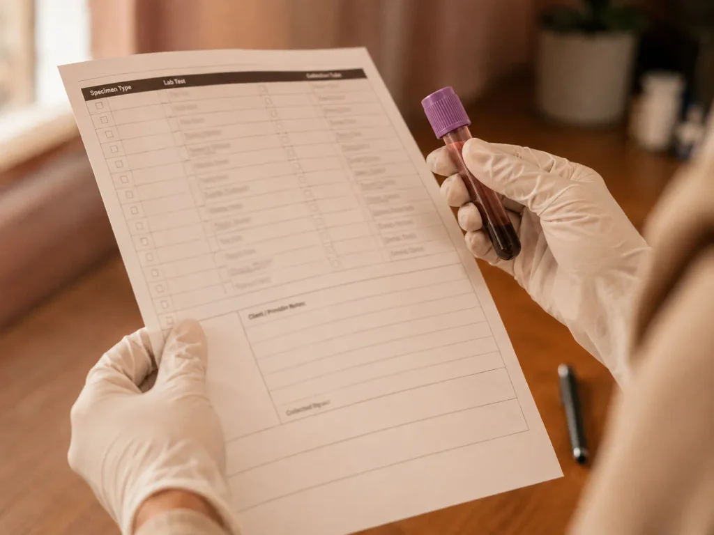 Provider's gloved hands holding lab paperwork and a specimen vial, representing how bioidentical hormone therapy for women is guided by blood work