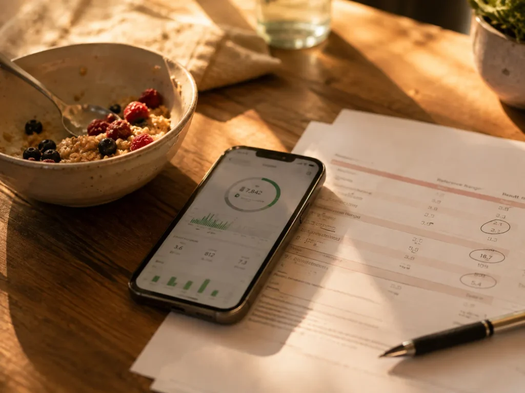 A lab report beside a step-counting app shows what a physician-led weight management program adds