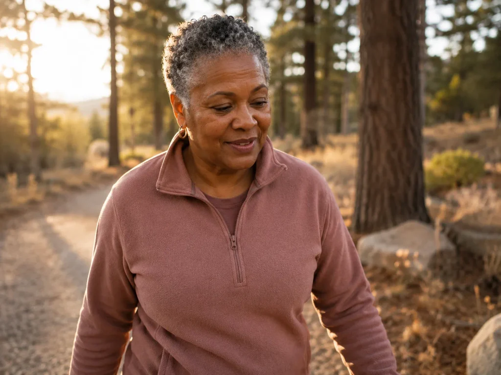 Woman in her late 50s walking a Colorado mountain trail — representing a candidate considering testosterone therapy for women