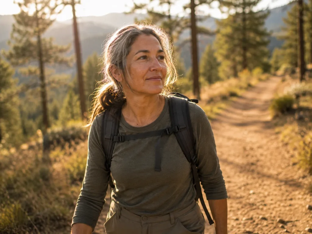 Woman walking a Colorado trail as part of her plan following a telehealth weight loss consultation