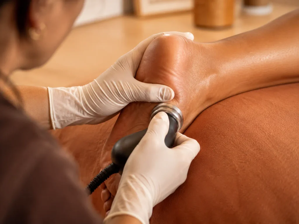 Provider applying StemWave shockwave therapy applicator to a patient's heel for plantar fasciitis treatment