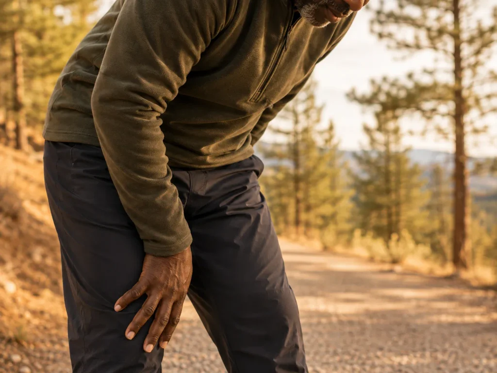 Man walking a Colorado trail during recovery, showing gradual return to daily activity after shockwave therapy side effects subside