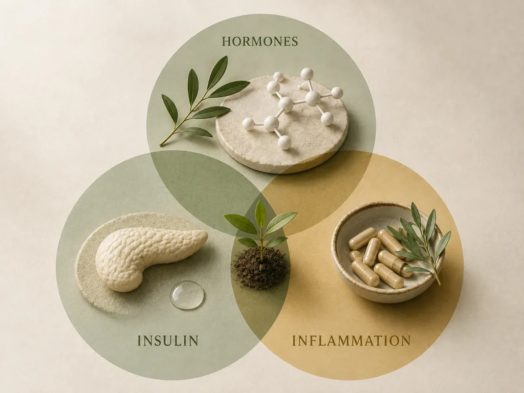 Diagram showing the connection between hormones, insulin resistance, and inflammation in metabolic health