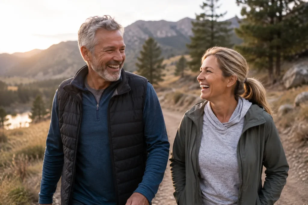 Man laughing with a friend during an outdoor walk, representing improved mood and energy from hormone therapy.