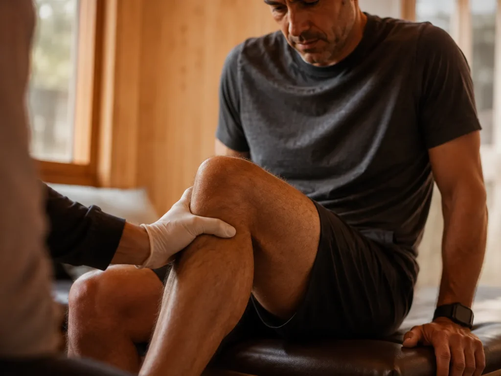 Patient pressing knee against provider's hand during physical therapy — one of five non-surgical joint pain treatments without surgery.