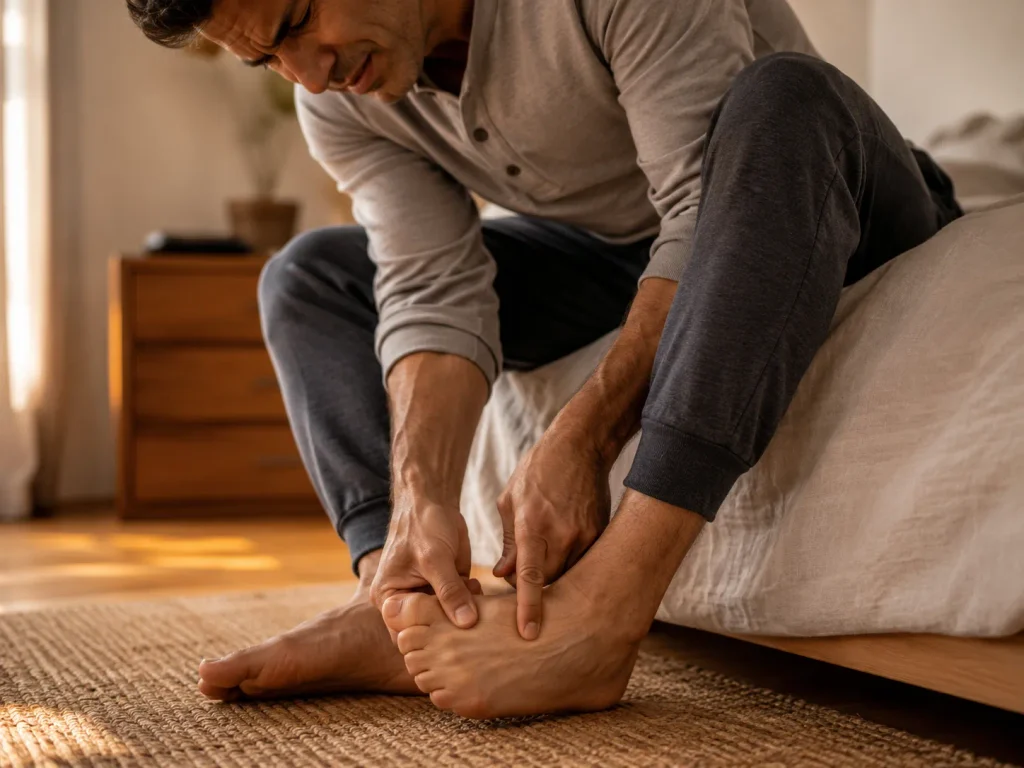 Man pressing fingers along heel and arch to illustrate plantar fasciitis pain and stiffness