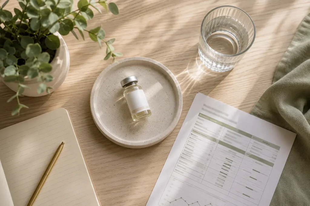 Flat-lay of bioidentical hormone medication and lab results, representing personalized HRT treatment planning.