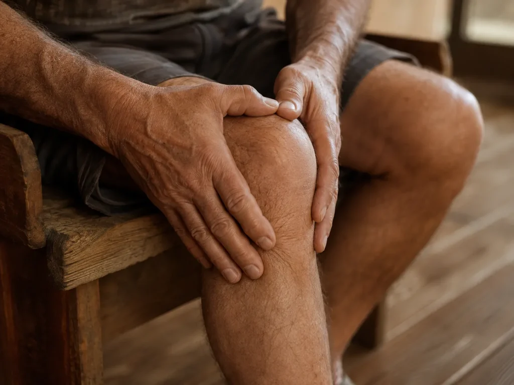 Man cupping a sore knee while seated, depicting the chronic, lingering nature of knee pain shockwave therapy addresses