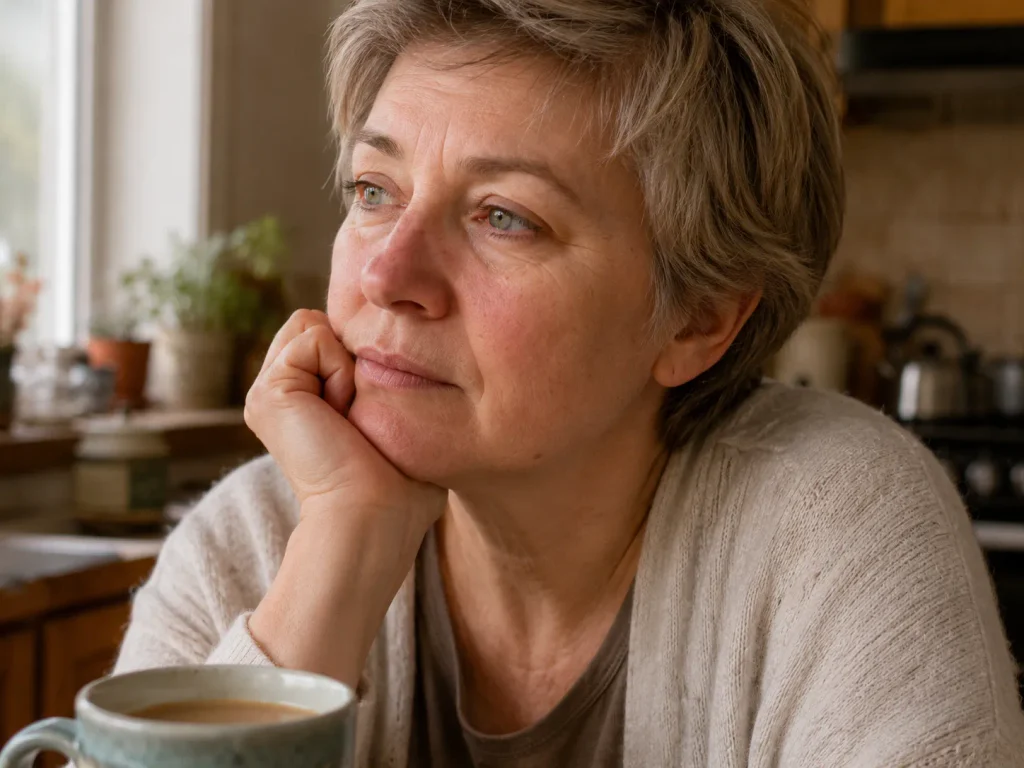 Woman in her early 50s sitting at a kitchen table looking fatigued — a common experience linked to low testosterone in women