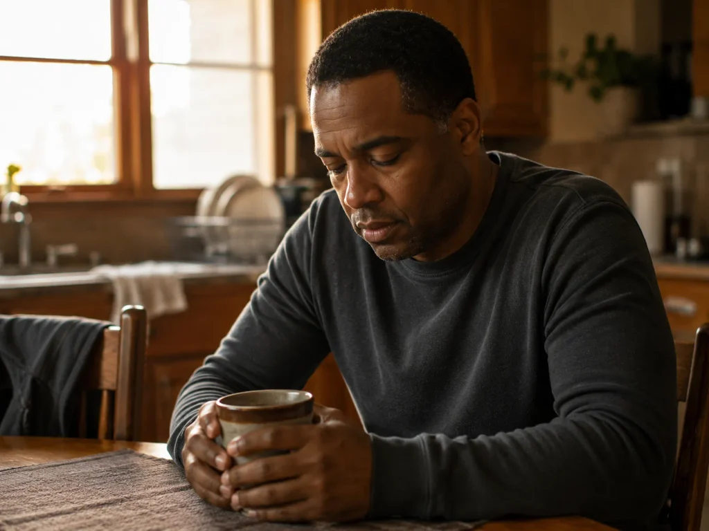 Man experiencing persistent fatigue at home, one of the common signs that may indicate the need for testosterone replacement therapy.