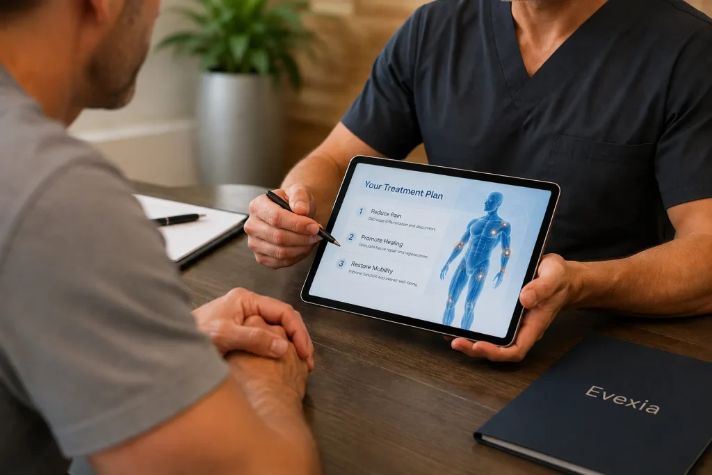 Evexia provider reviewing a shockwave therapy treatment plan with a patient