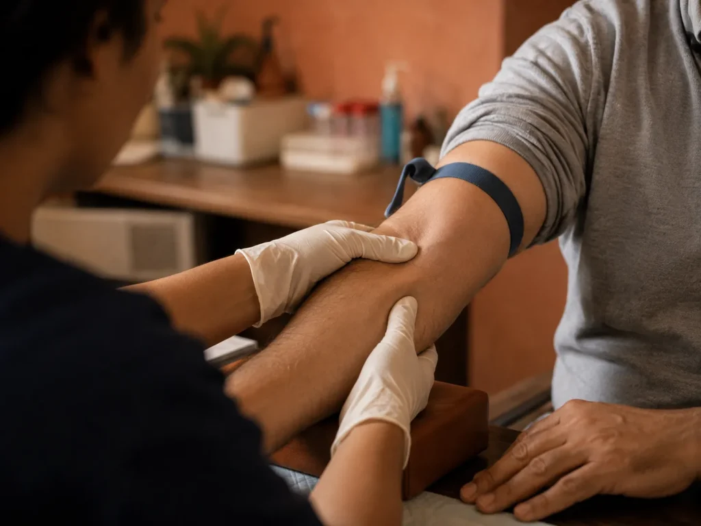 Calm blood draw close-up at a functional medicine clinic as part of a low testosterone treatment options evaluation.