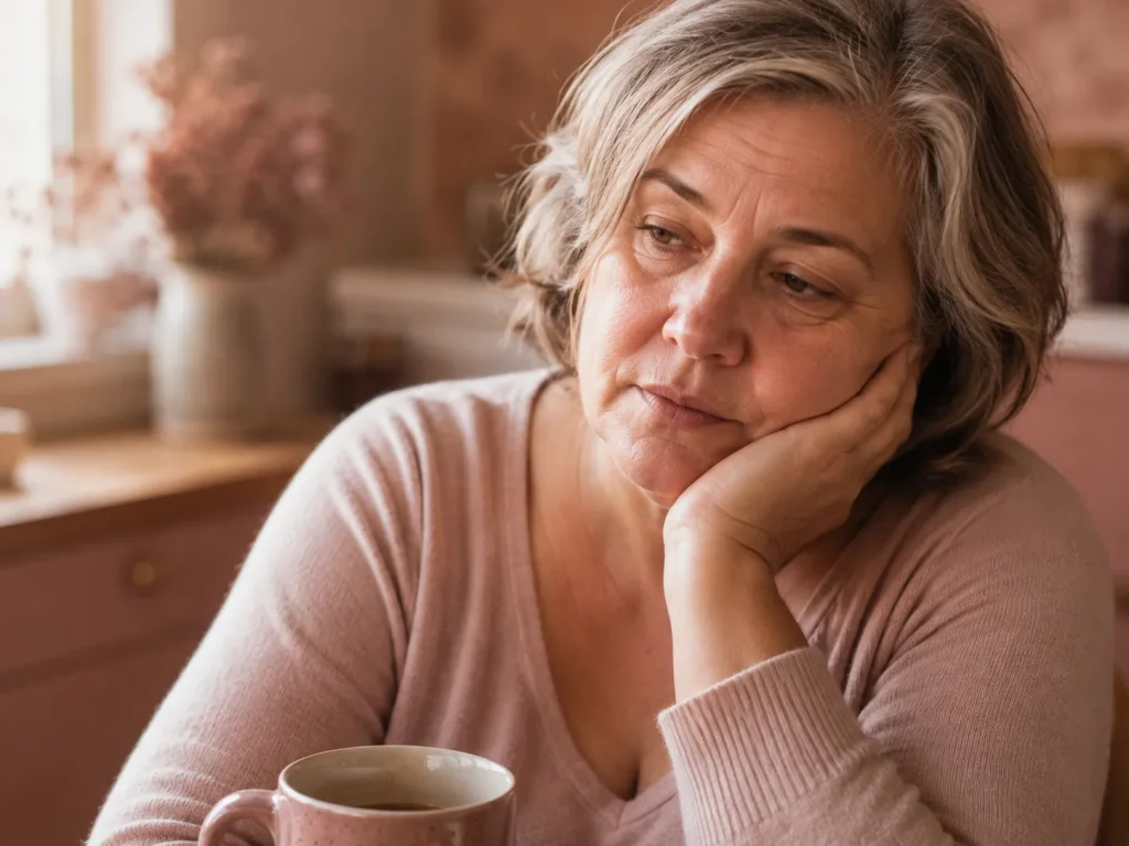 Tired woman in her late 50s at a kitchen table in morning light representing fatigue symptoms that functional hormone testing can help identify