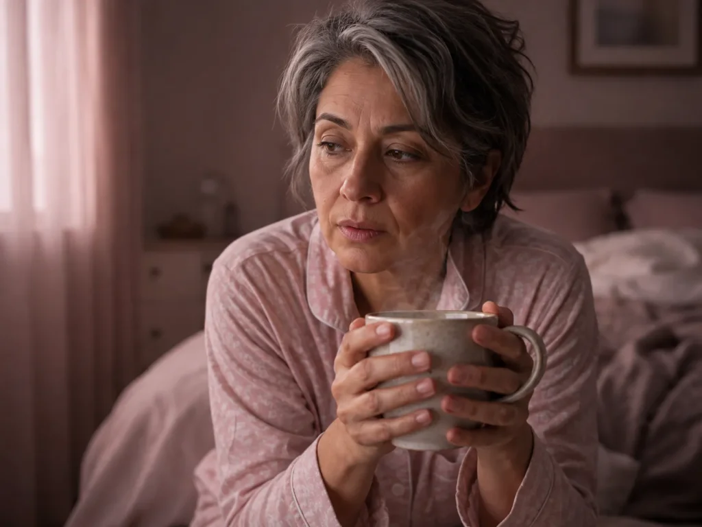 Woman sitting in dim bedroom cradling a mug after poor sleep, a root cause of hormone imbalance