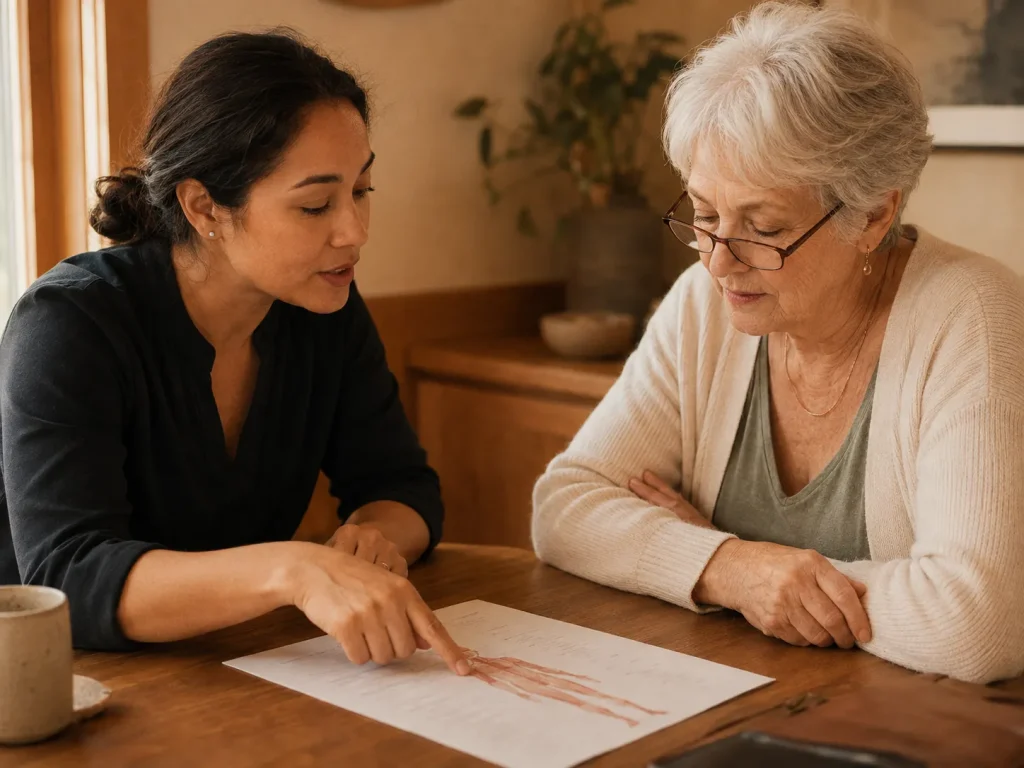 Provider and patient reviewing a knee pain treatment plan together during a shockwave therapy for knee pain consultation