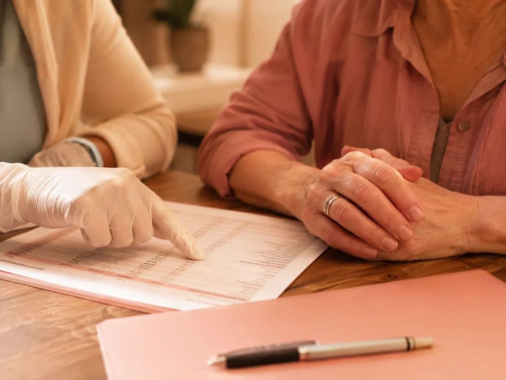 Provider pointing to lab results with a patient's hands visible on the desk, illustrating a personalized approach to hormone imbalance symptoms