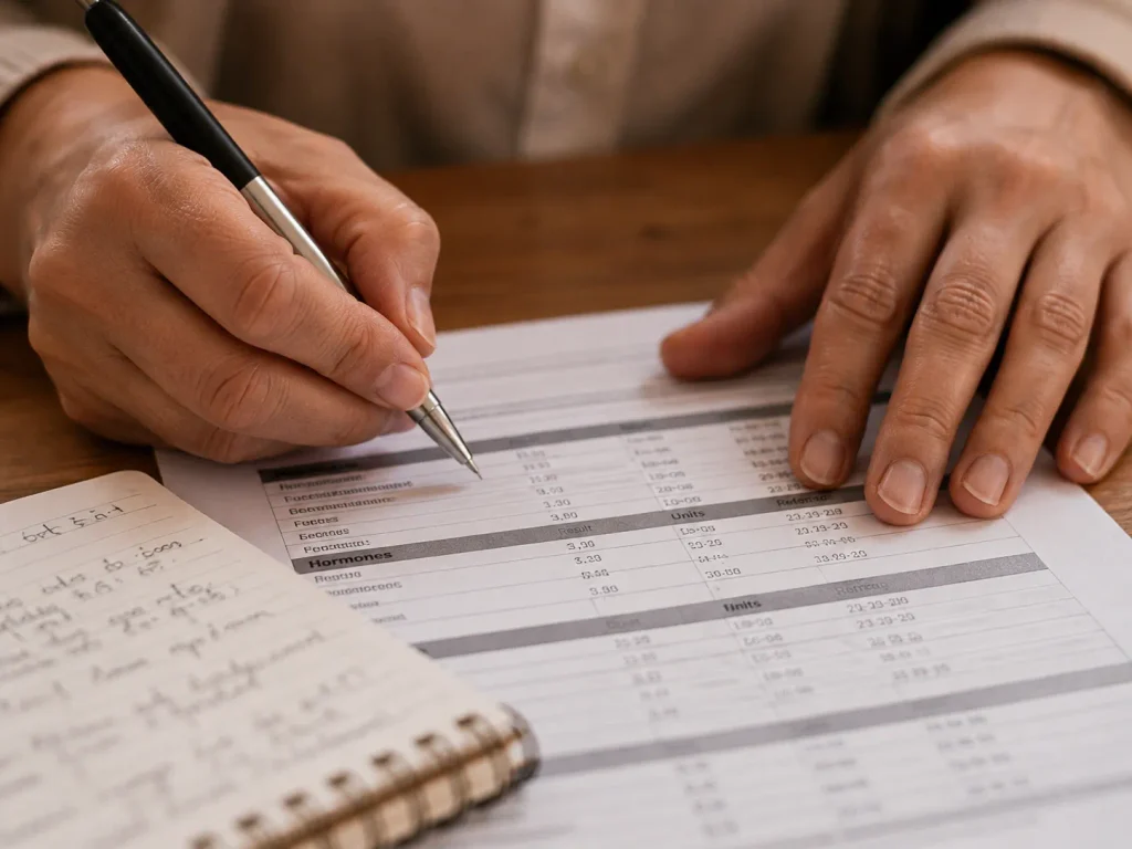 Provider reviewing a hormone panel printout as part of a personalized bioidentical HRT approach to testosterone therapy for women