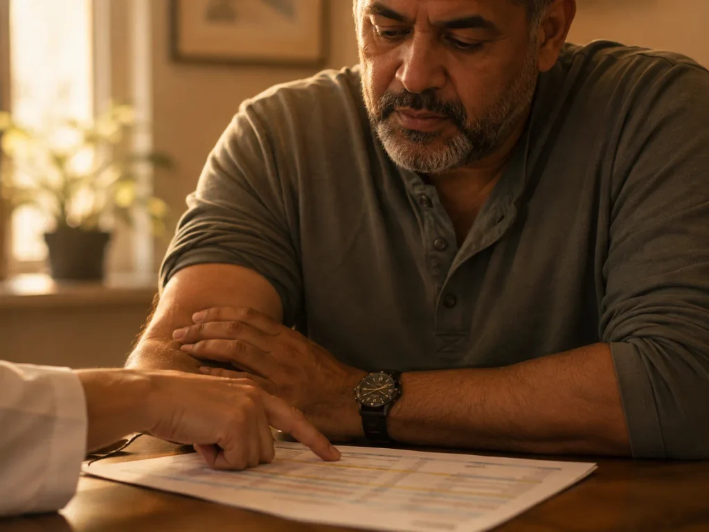A clinician reviews test results with a patient during a physician-led weight management visit