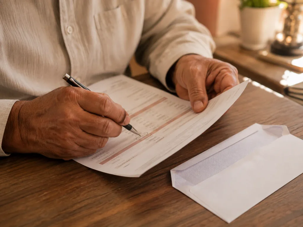 Man reviewing a transparent invoice representing cash-pay bioidentical hormone replacement therapy cost with no insurance involvement