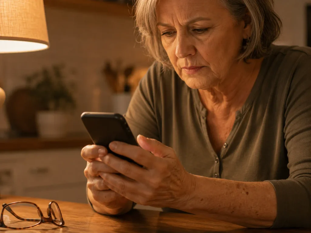 Older woman contacting her provider by phone after noticing shockwave therapy side effects outside the normal healing window