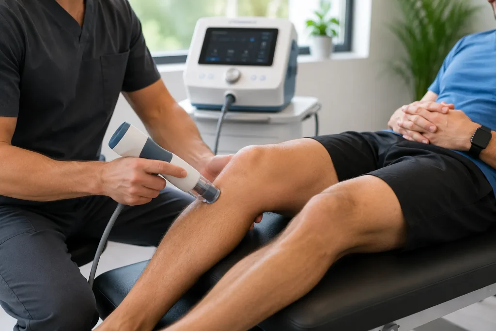 Stem Wave shockwave therapy session for knee pain at Evexia
