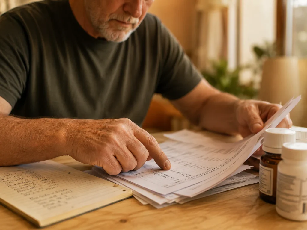 Man reviewing lab results and medication list to prepare for a telehealth weight loss consultation