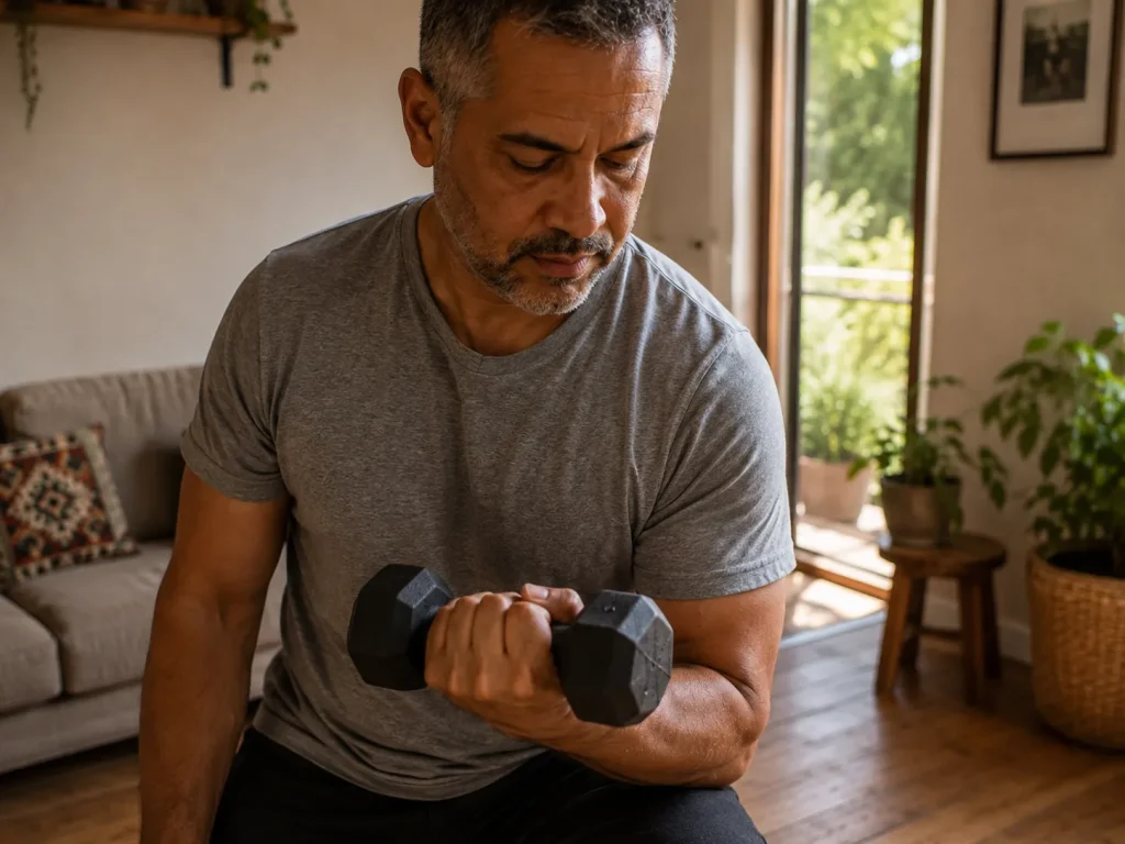 Man in his 50s doing a light dumbbell exercise at home, showing how muscle-preserving activity affects how fast you lose weight on GLP-1