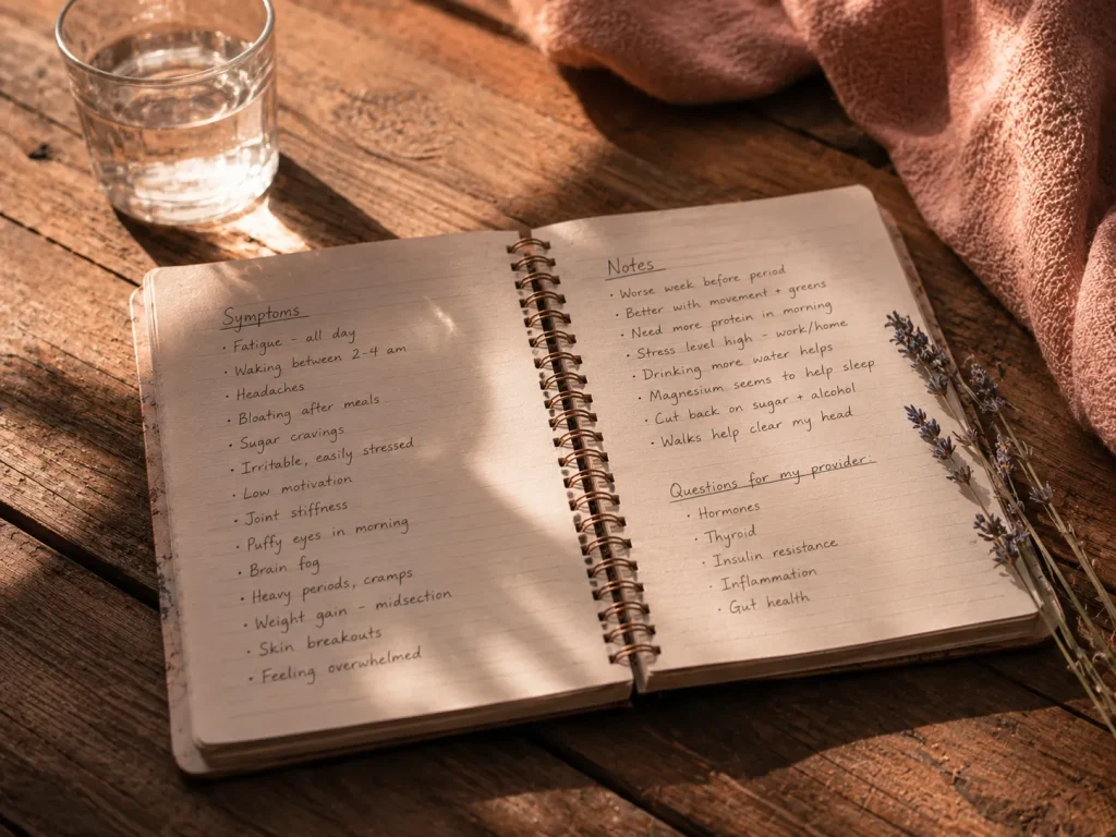Open symptom-tracking journal on a wood surface used to identify which hormones are involved in hormone imbalance treatment