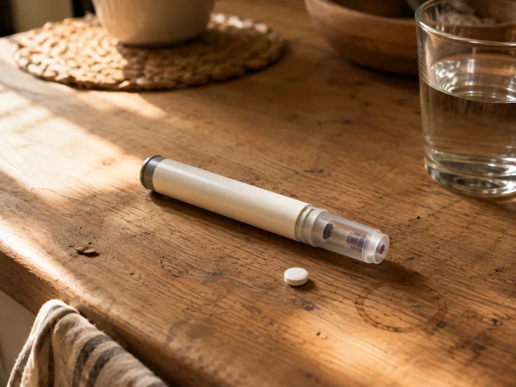 GLP-1 injection pen and oral pill on a kitchen counter illustrating the two GLP-1 weight loss format options