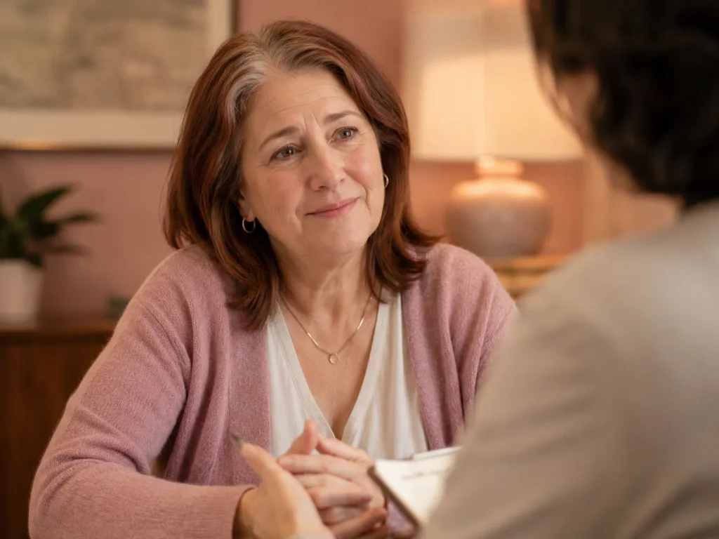 Woman in her late 50s speaking with a provider about symptoms of hormonal imbalance in women during a clinic visit