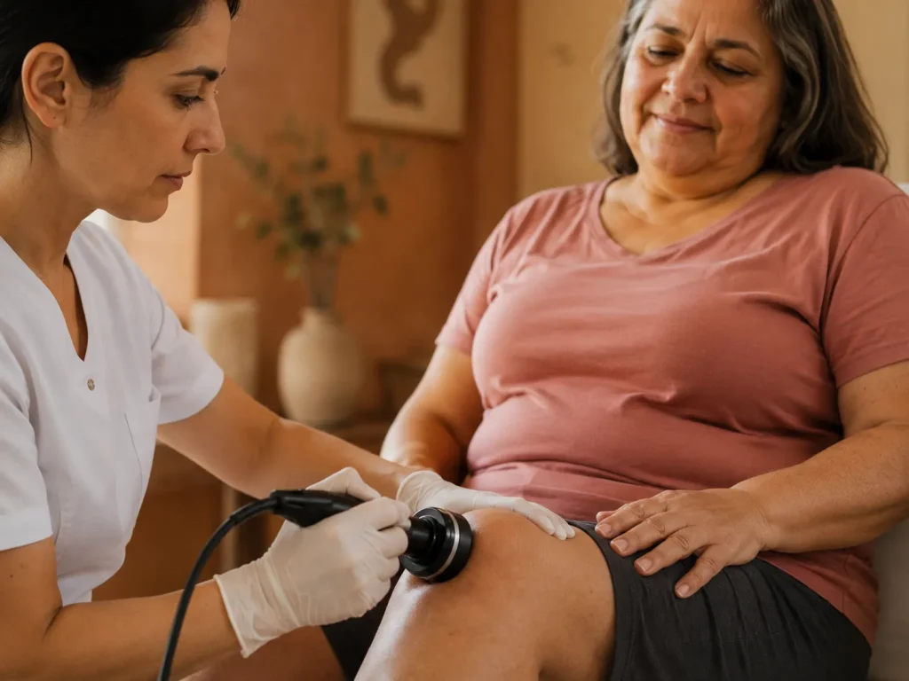 Provider applying StemWave device to a patient's knee during shockwave therapy for tendonitis, a non-invasive in-office treatment at Evexia.