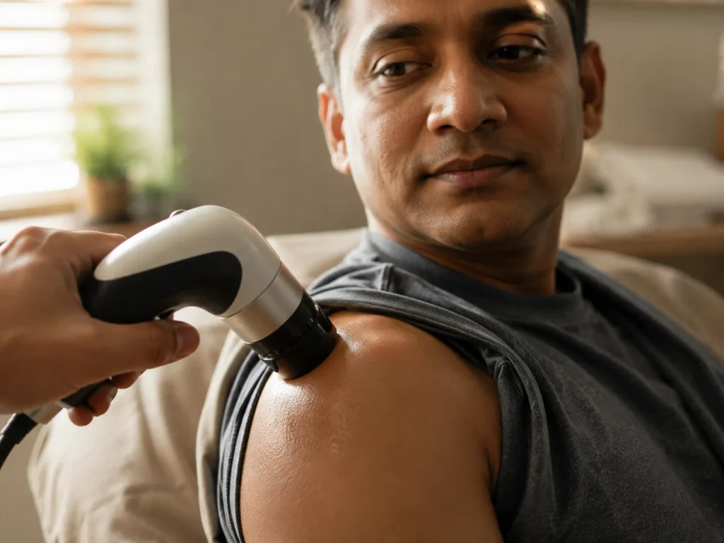 StemWave applicator against a patient's shoulder during regenerative medicine for joint pain treatment at Evexia