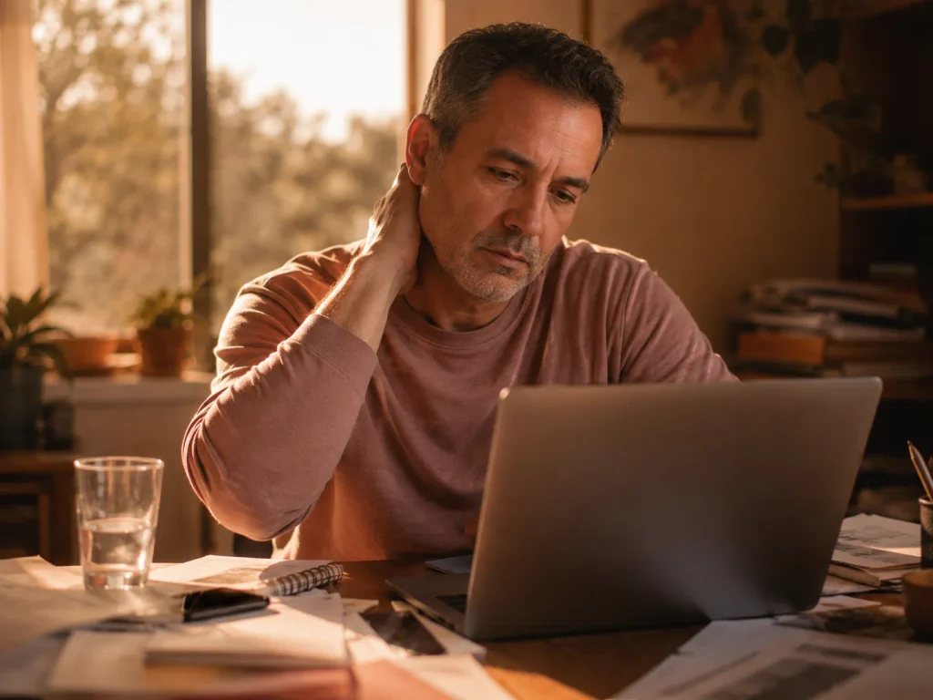Stressed man at a home desk rubbing his neck, depicting cortisol-driven causes of hormone imbalance symptoms