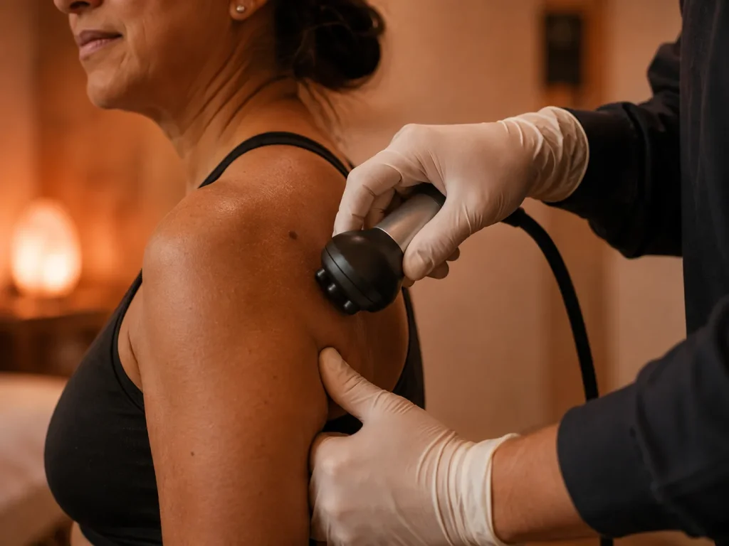 Provider applying StemWave applicator to a patient's shoulder — non-invasive joint pain treatment without surgery at Evexia.