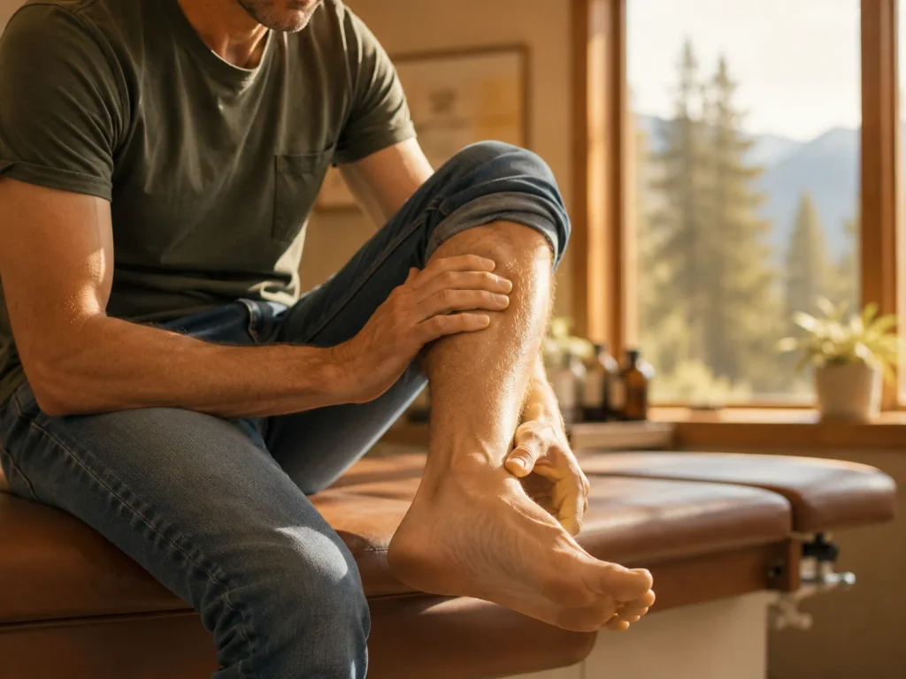 Man gently rotating his ankle after shockwave therapy side effects produce normal soreness during the body's healing response