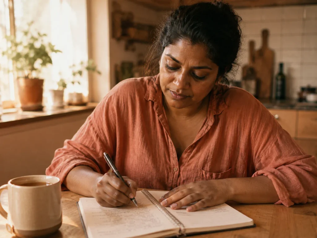 Woman in her late 30s writing in a symptom journal at her kitchen table — exploring whether she's a candidate for bioidentical hormone therapy for women