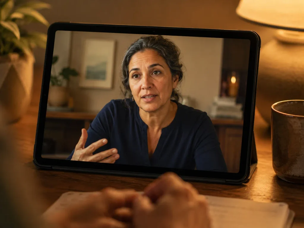 Patient's view of a provider during a telehealth weight loss consultation on a tablet screen