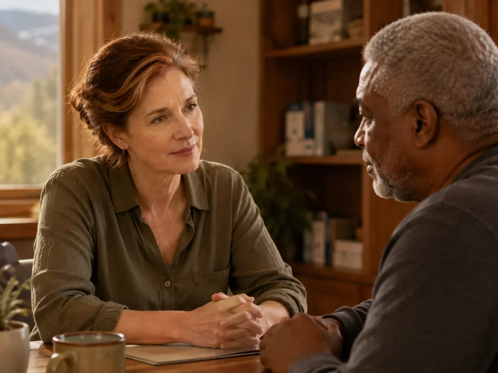 Provider in a frank consultation explaining GLP-1 weight loss medication disqualifying factors and alternative care paths