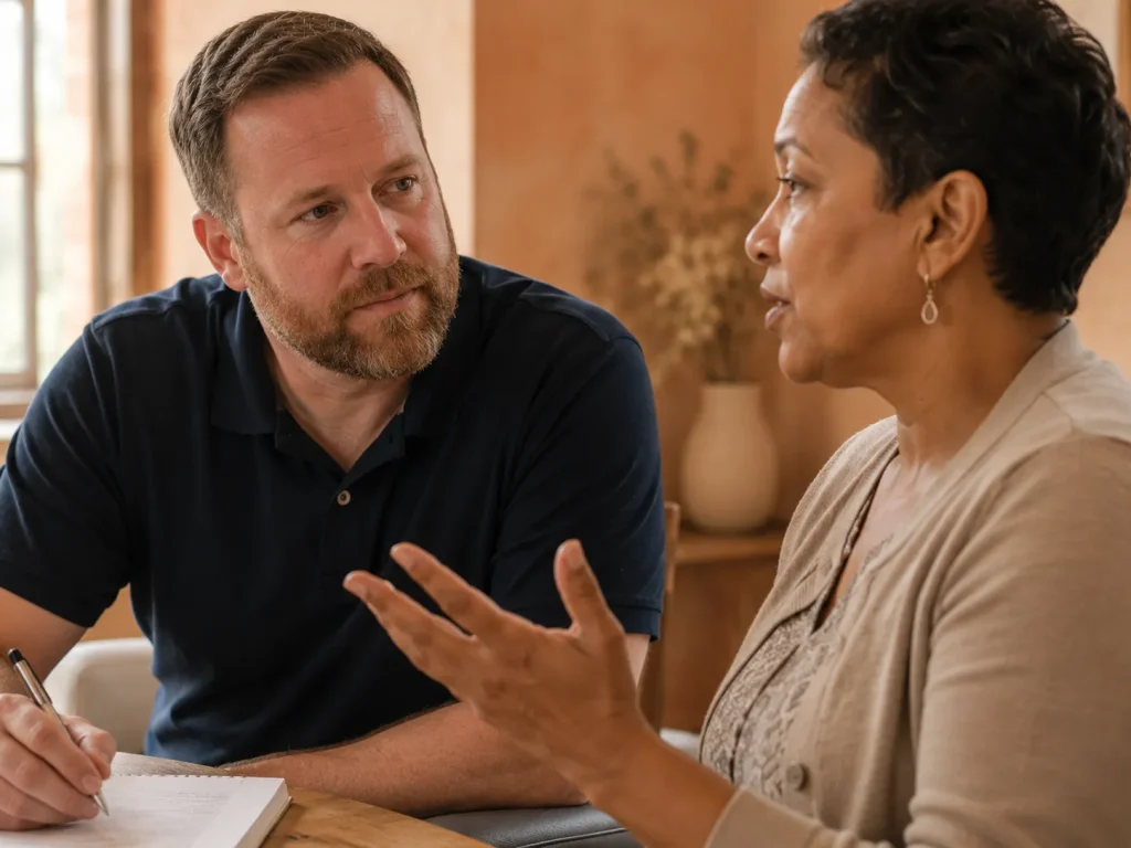 Provider and patient in a consultation conversation reviewing a StemWave treatment plan for shockwave therapy for tendonitis at Evexia in Florissant.
